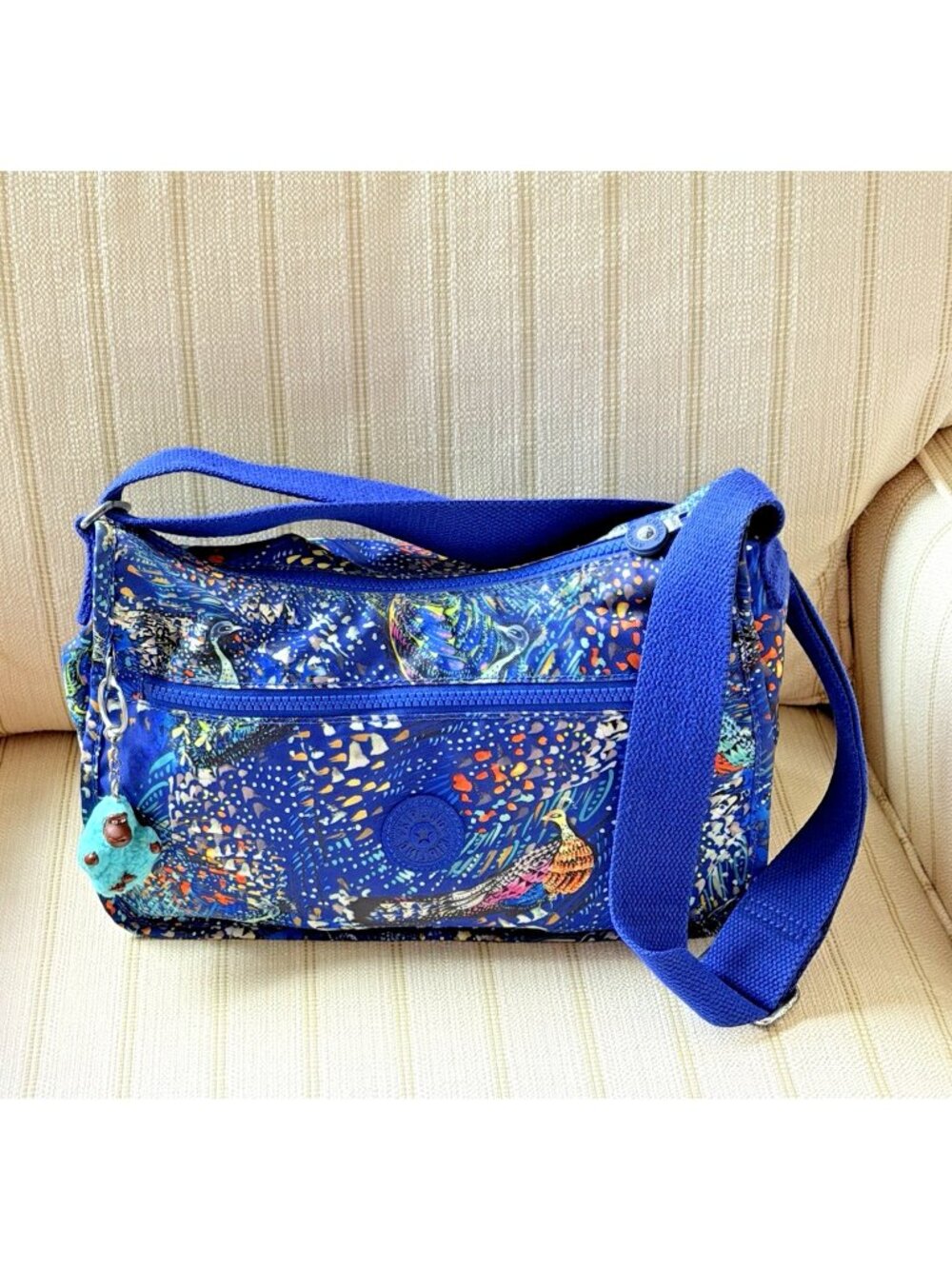 Kipling Sarajane Blue Peacock Joyce Blue Monkey Charm Large Cross-Body Bag